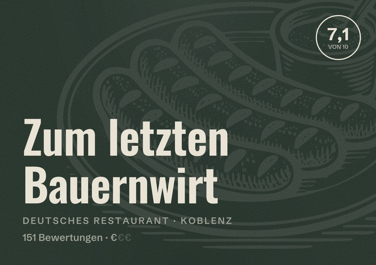 Illustriertes Poster von Zum letzten Bauernwirt, Deutsches Restaurant in Koblenz: Bewertung 7,1 von 10 aus 151 Bewertungen, Preisniveau €