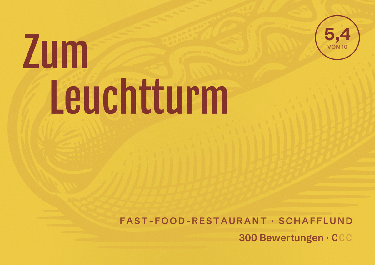 Illustriertes Poster von Zum Leuchtturm, Fast-Food-Restaurant in Schafflund: Bewertung 5,4 von 10 aus 300 Bewertungen, Preisniveau €