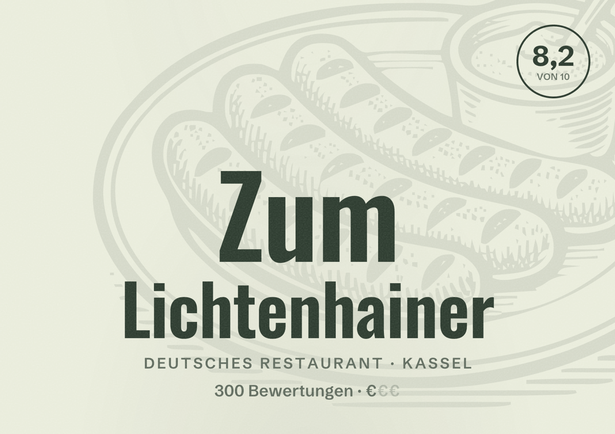 Illustriertes Poster von Zum Lichtenhainer, Deutsches Restaurant in Kassel: Bewertung 8,2 von 10 aus 300 Bewertungen, Preisniveau €