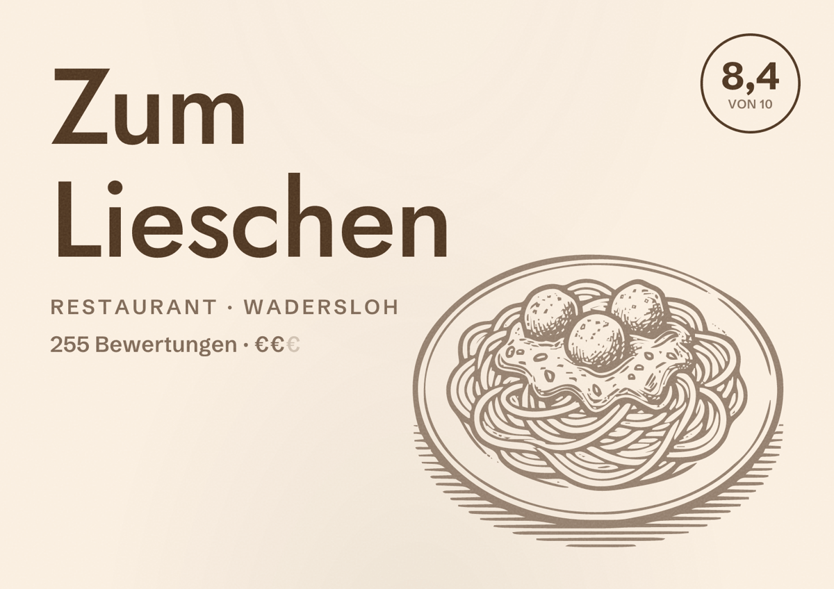 Illustriertes Poster von Zum Lieschen, Restaurant in Wadersloh: Bewertung 8,4 von 10 aus 255 Bewertungen, Preisniveau €€