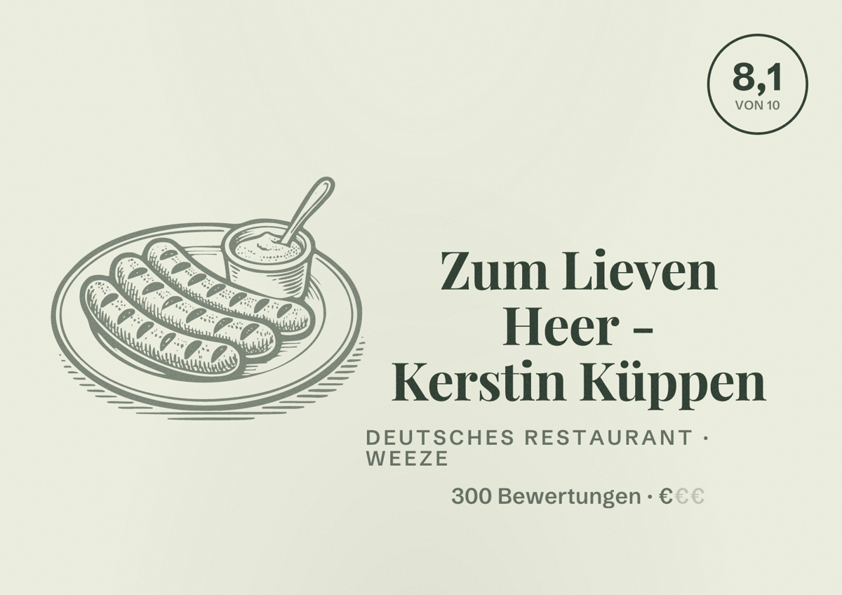 Illustriertes Poster von Zum Lieven Heer - Kerstin Küppen, Deutsches Restaurant in Weeze: Bewertung 8,1 von 10 aus 300 Bewertungen, Preisniveau €