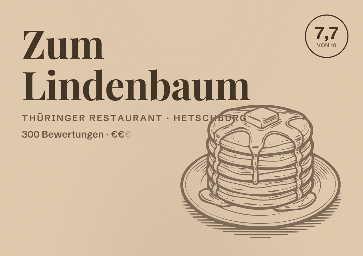 Illustriertes Poster von Zum Lindenbaum, Thüringer Restaurant in Hetschburg: Bewertung 7,7 von 10 aus 300 Bewertungen, Preisniveau €€
