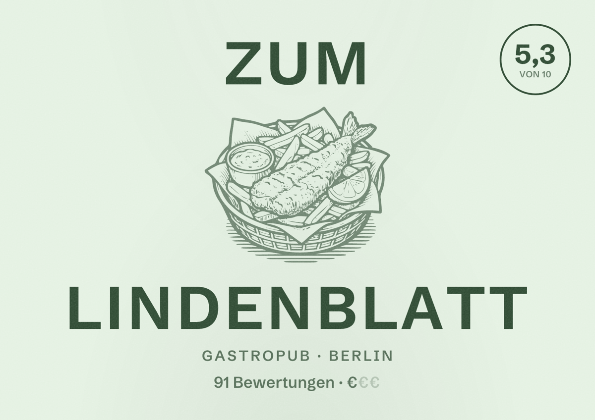 Illustriertes Poster von Zum Lindenblatt, Gastropub in Berlin: Bewertung 5,3 von 10 aus 91 Bewertungen, Preisniveau €