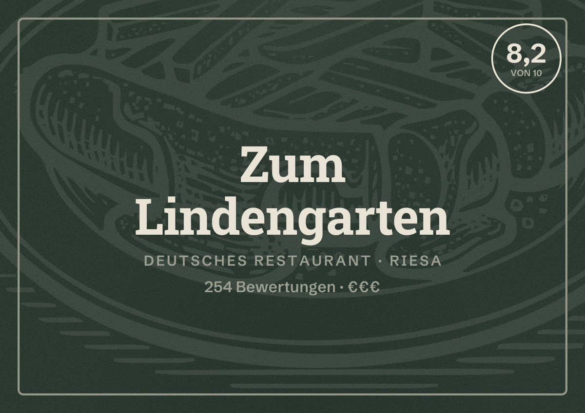 Illustriertes Poster von Zum Lindengarten, Deutsches Restaurant in Riesa: Bewertung 8,2 von 10 aus 254 Bewertungen, Preisniveau €€€