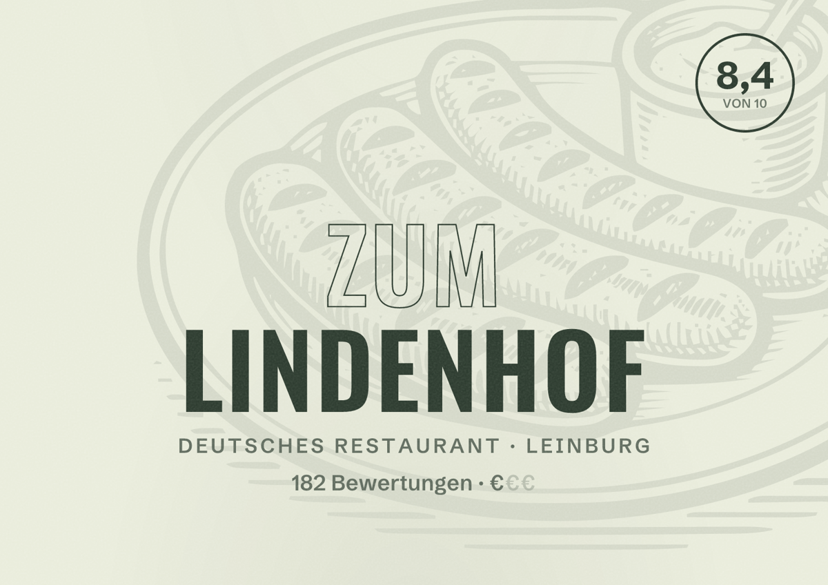 Illustriertes Poster von Zum Lindenhof, Deutsches Restaurant in Leinburg: Bewertung 8,4 von 10 aus 182 Bewertungen, Preisniveau €