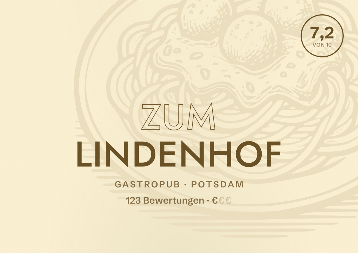 Illustriertes Poster von Zum Lindenhof, Gastropub in Potsdam: Bewertung 7,2 von 10 aus 123 Bewertungen, Preisniveau €