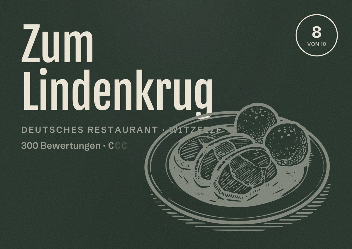 Illustriertes Poster von Zum Lindenkrug, Deutsches Restaurant in Witzeeze: Bewertung 8 von 10 aus 300 Bewertungen, Preisniveau €