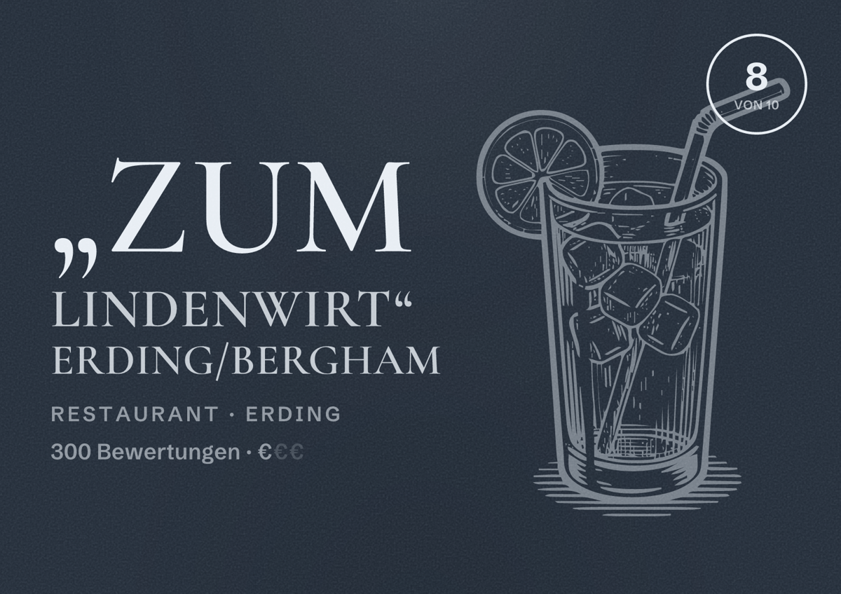 Illustriertes Poster von „Zum Lindenwirt“ Erding/Bergham, Restaurant in Erding: Bewertung 8 von 10 aus 300 Bewertungen, Preisniveau €