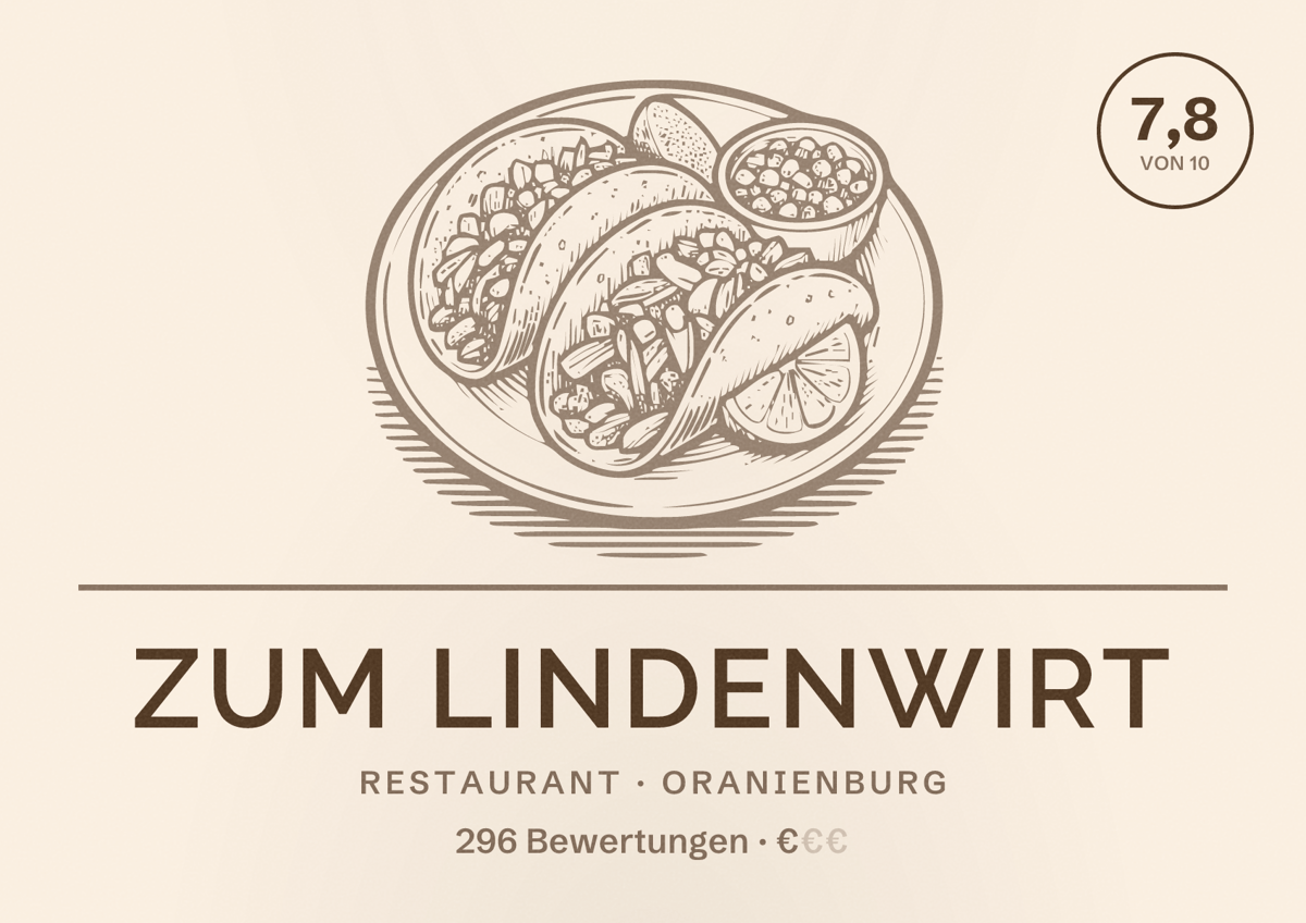 Illustriertes Poster von Zum Lindenwirt, Restaurant in Oranienburg: Bewertung 7,8 von 10 aus 296 Bewertungen, Preisniveau €