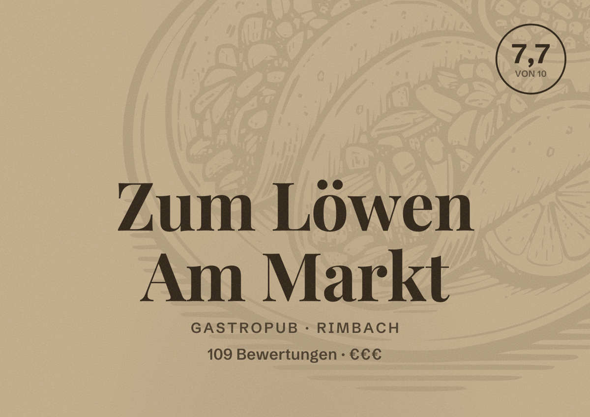 Illustriertes Poster von Zum Löwen Am Markt, Gastropub in Rimbach: Bewertung 7,7 von 10 aus 109 Bewertungen, Preisniveau €€€