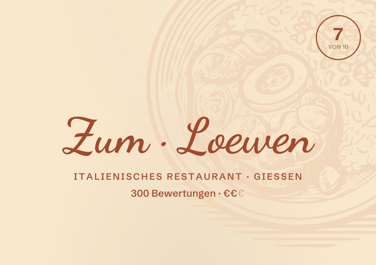 Illustriertes Poster von Zum Loewen, Italienisches Restaurant in Gießen: Bewertung 7 von 10 aus 300 Bewertungen, Preisniveau €€