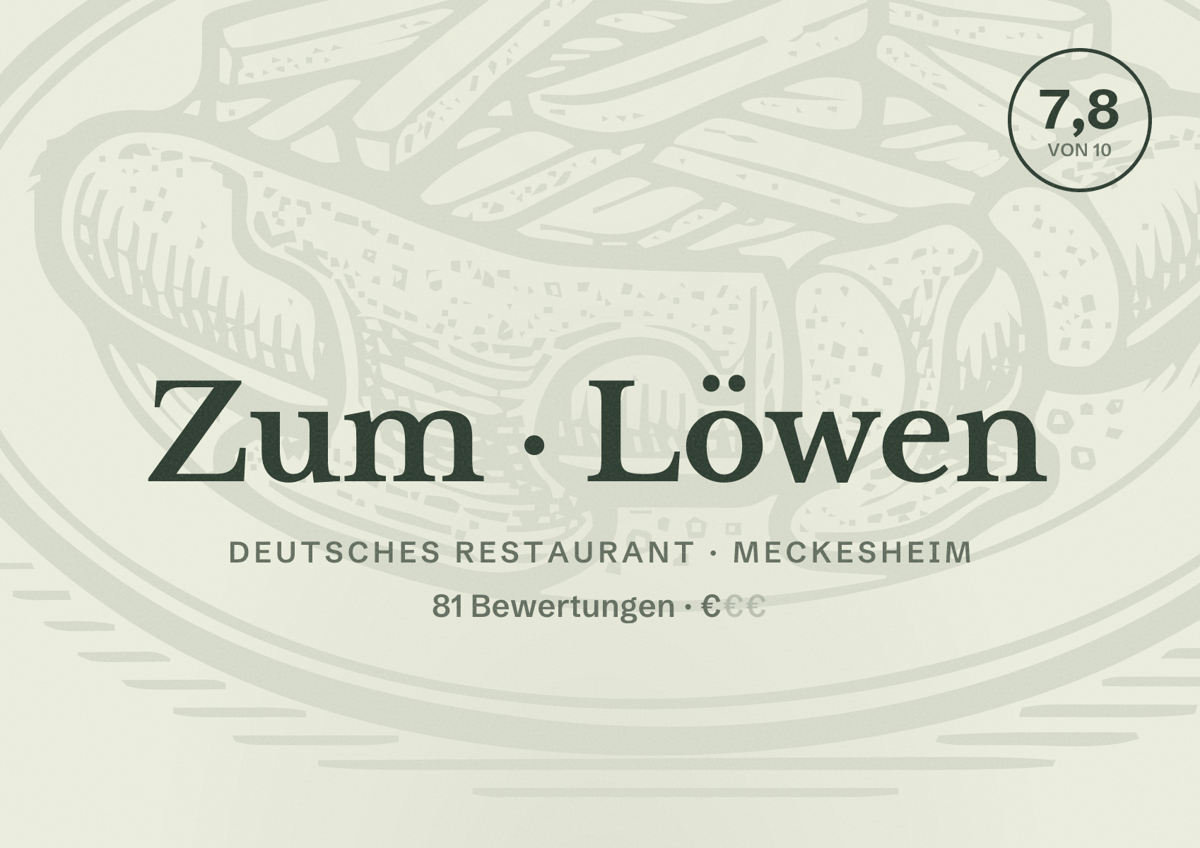 Illustriertes Poster von Zum Löwen, Deutsches Restaurant in Meckesheim: Bewertung 7,8 von 10 aus 81 Bewertungen, Preisniveau €