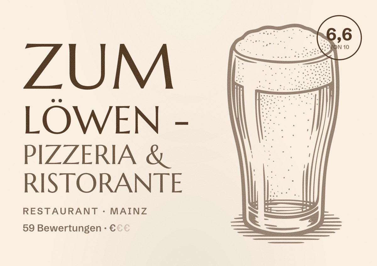 Illustriertes Poster von Zum Löwen - Pizzeria & Ristorante, Restaurant in Mainz: Bewertung 6,6 von 10 aus 59 Bewertungen, Preisniveau €