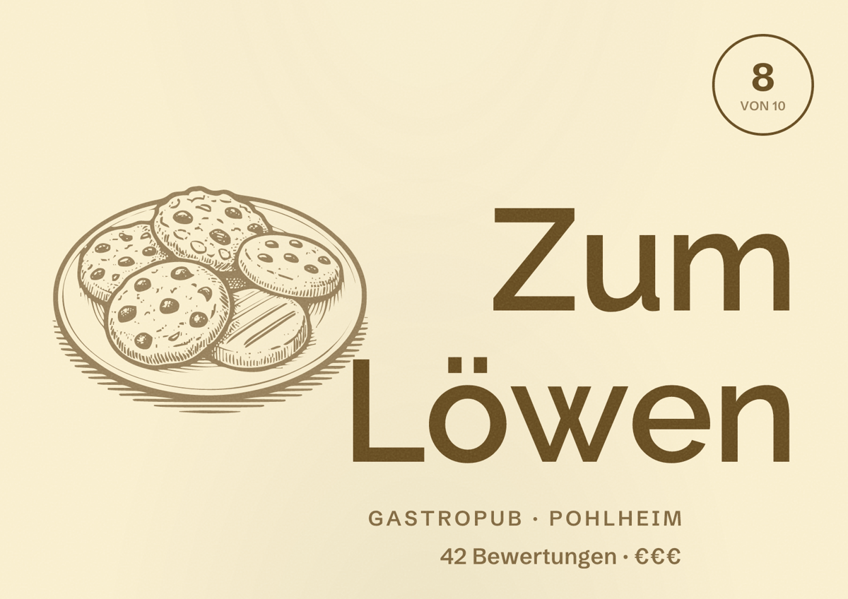 Illustriertes Poster von Zum Löwen, Gastropub in Pohlheim: Bewertung 8 von 10 aus 42 Bewertungen, Preisniveau €€€