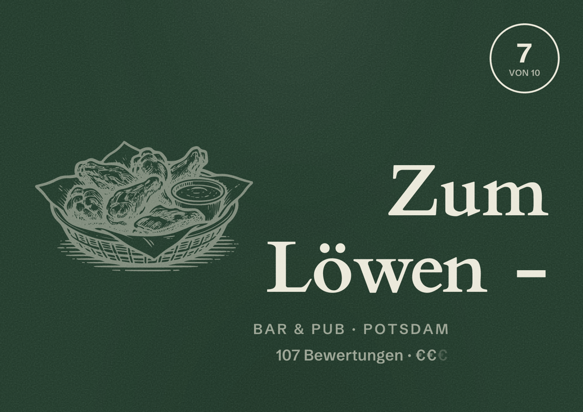 Illustriertes Poster von Zum Löwen -, Bar & Pub in Potsdam: Bewertung 7 von 10 aus 107 Bewertungen, Preisniveau €€