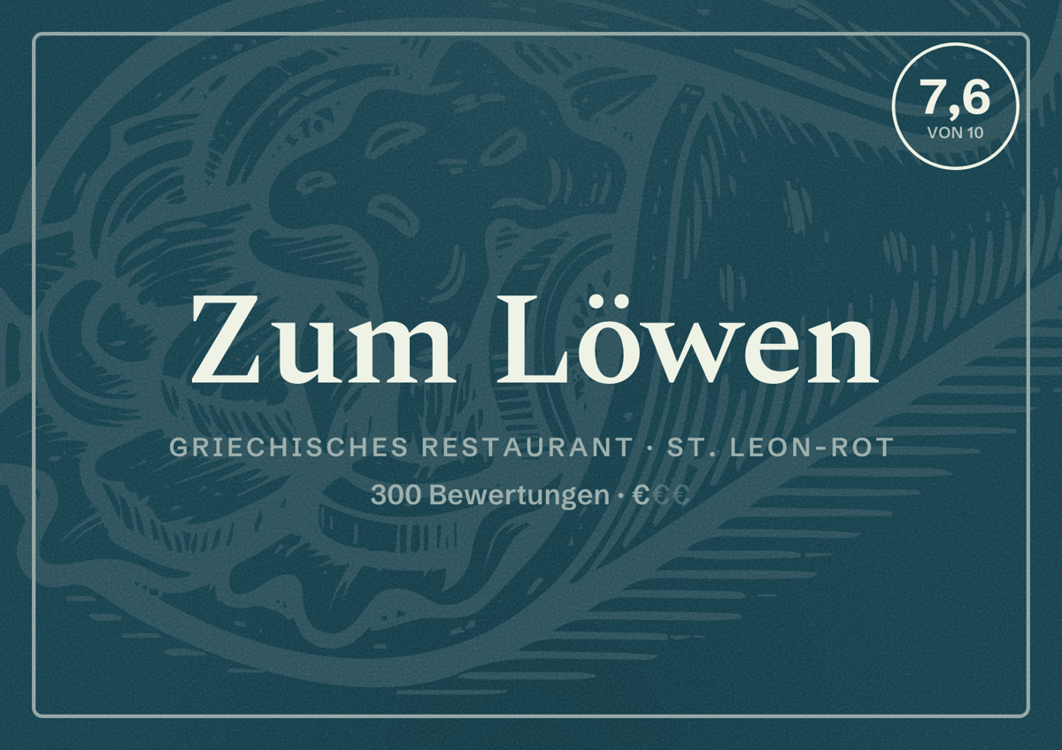 Illustriertes Poster von Zum Löwen, Griechisches Restaurant in St. Leon-Rot: Bewertung 7,6 von 10 aus 300 Bewertungen, Preisniveau €