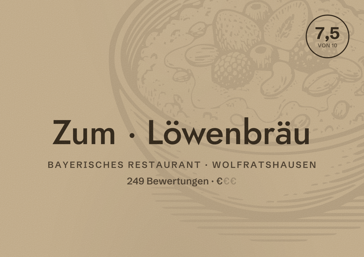 Illustriertes Poster von Zum Löwenbräu, Bayerisches Restaurant in Wolfratshausen: Bewertung 7,5 von 10 aus 249 Bewertungen, Preisniveau €