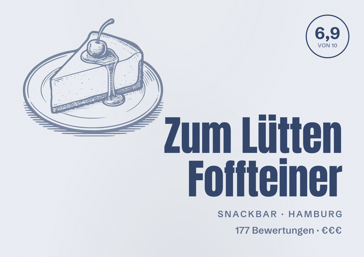 Illustriertes Poster von Zum Lütten Foffteiner, Snackbar in Hamburg: Bewertung 6,9 von 10 aus 177 Bewertungen, Preisniveau €€€