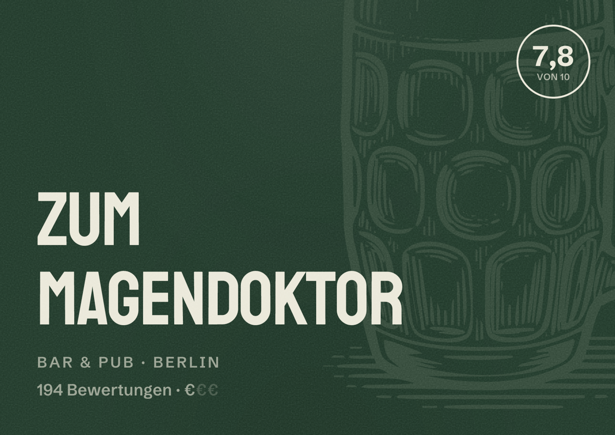 Illustriertes Poster von Zum Magendoktor, Bar & Pub in Berlin: Bewertung 7,8 von 10 aus 194 Bewertungen, Preisniveau €