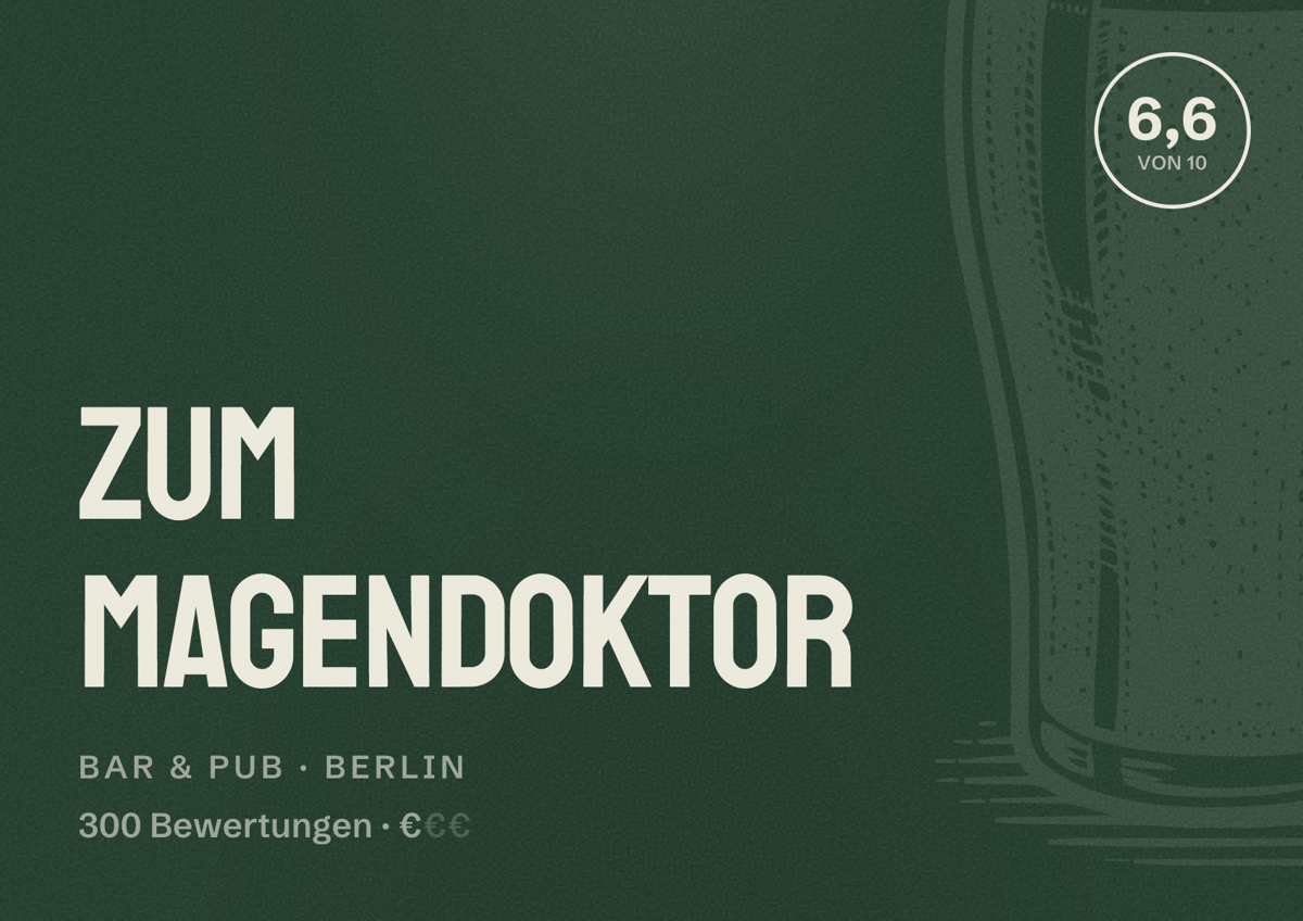 Illustriertes Poster von Zum Magendoktor, Bar & Pub in Berlin: Bewertung 6,6 von 10 aus 300 Bewertungen, Preisniveau €