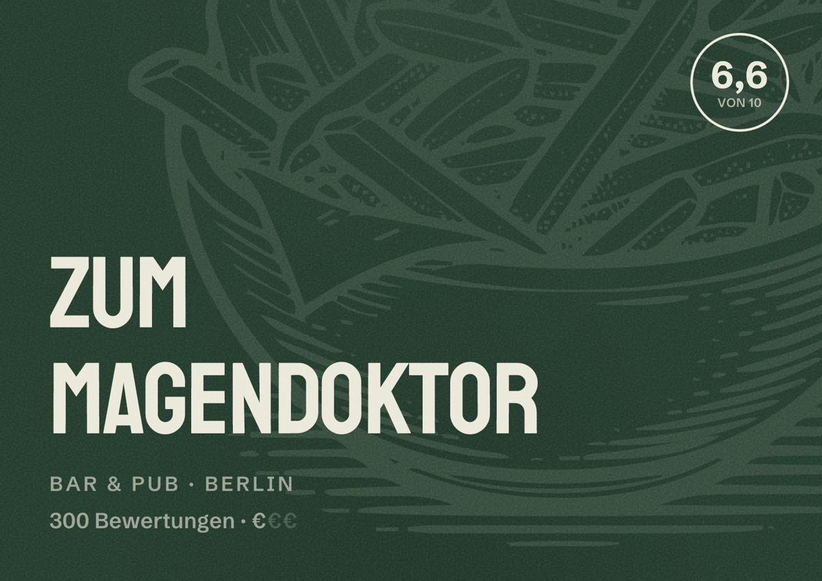Illustriertes Poster von Zum Magendoktor, Bar & Pub in Berlin: Bewertung 6,6 von 10 aus 300 Bewertungen, Preisniveau €