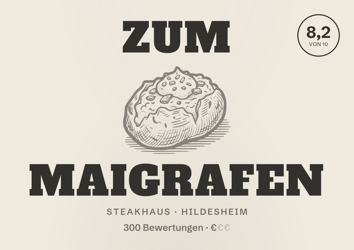 Illustriertes Poster von Zum Maigrafen, Steakhaus in Hildesheim: Bewertung 8,2 von 10 aus 300 Bewertungen, Preisniveau €