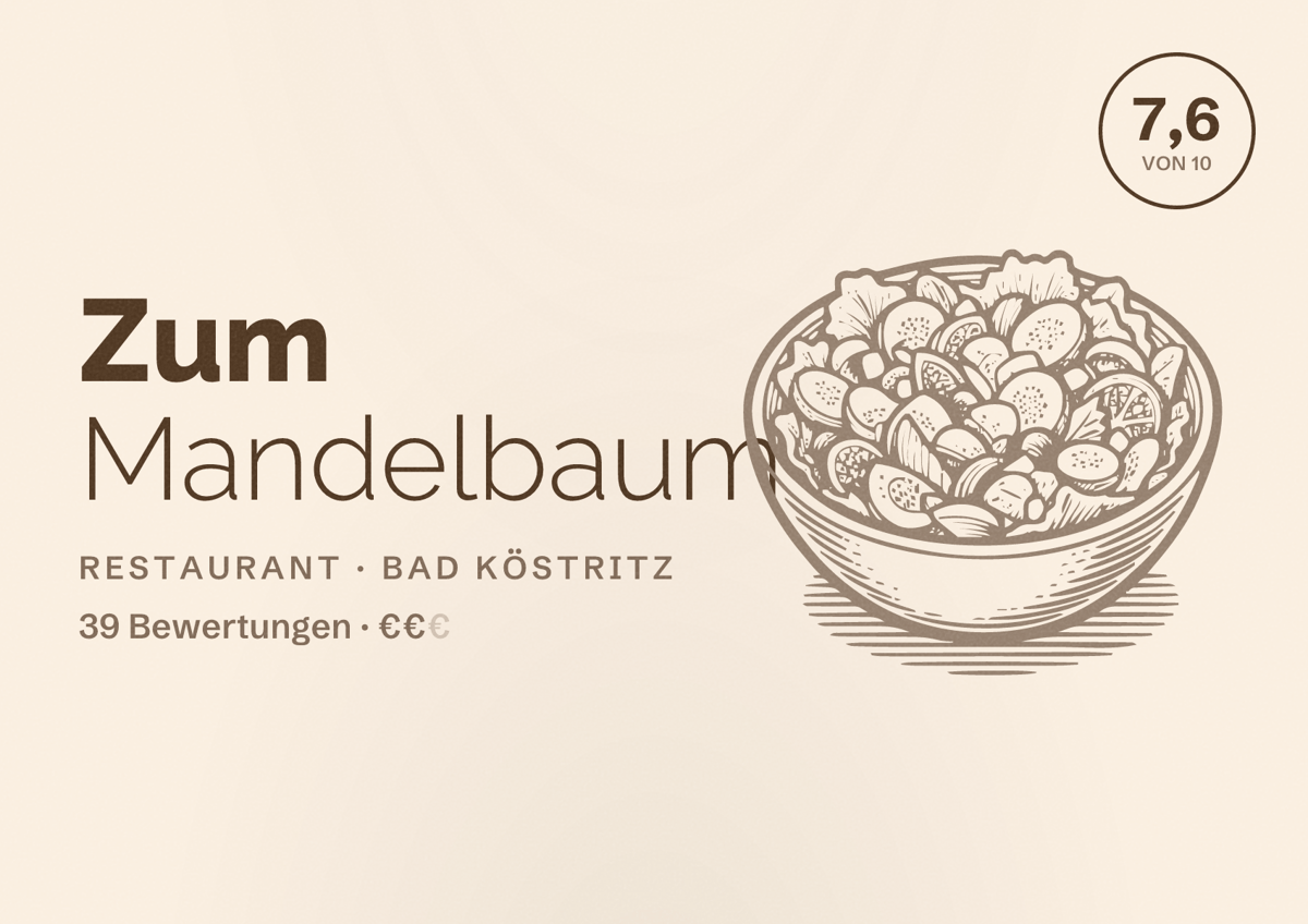 Illustriertes Poster von Zum Mandelbaum, Restaurant in Bad Köstritz: Bewertung 7,6 von 10 aus 39 Bewertungen, Preisniveau €€