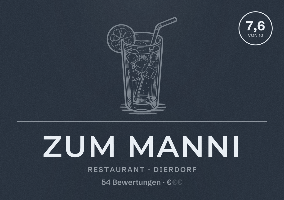 Illustriertes Poster von Zum Manni, Restaurant in Dierdorf: Bewertung 7,6 von 10 aus 54 Bewertungen, Preisniveau €