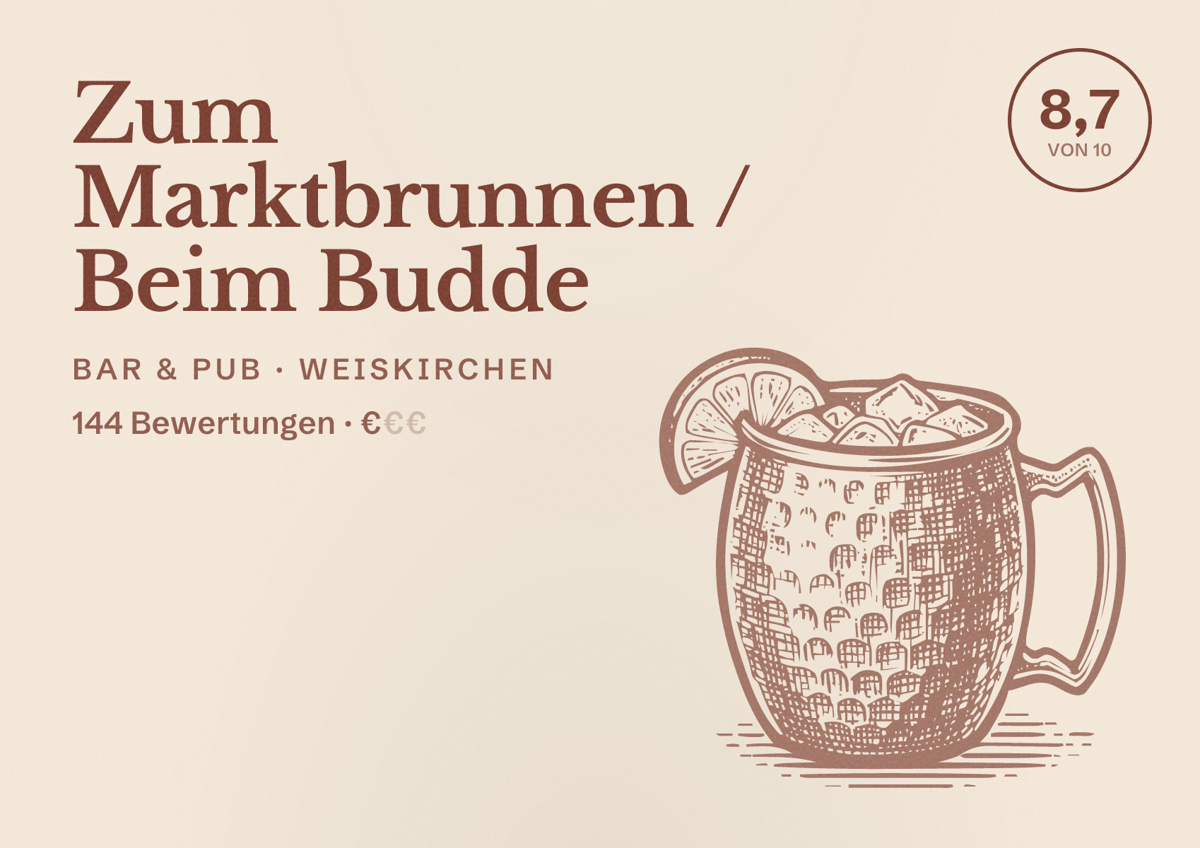 Illustriertes Poster von Zum Marktbrunnen / Beim Budde, Bar & Pub in Weiskirchen: Bewertung 8,7 von 10 aus 144 Bewertungen, Preisniveau €
