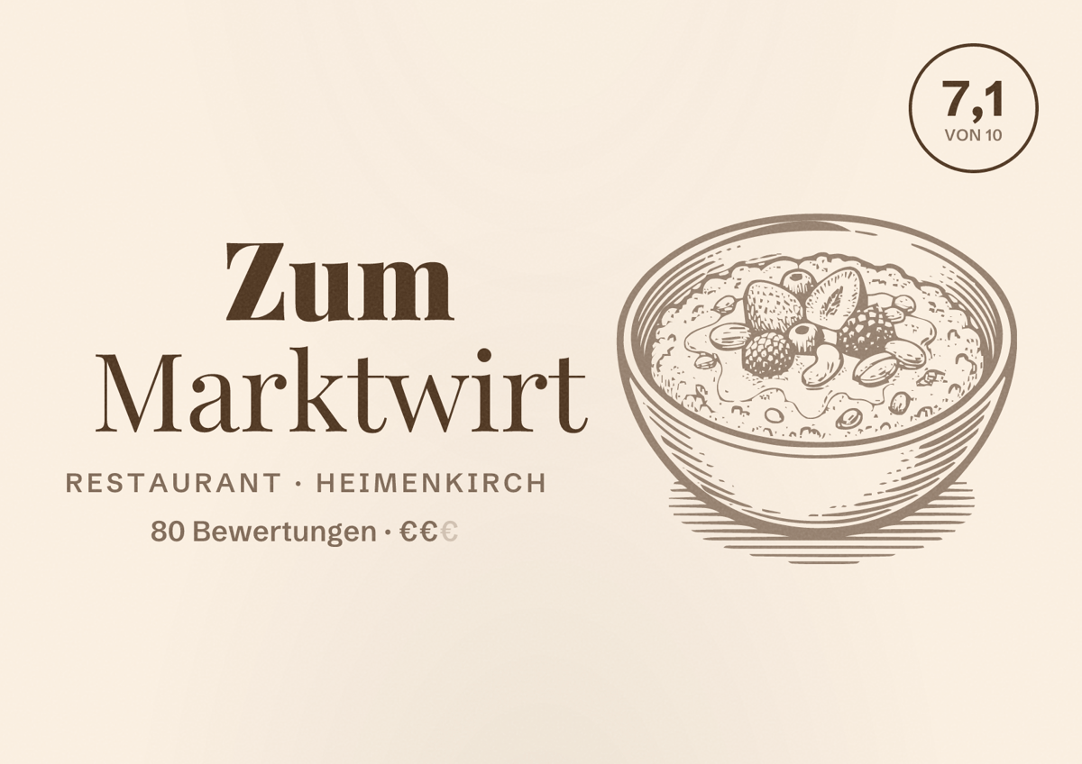 Illustriertes Poster von Zum Marktwirt, Restaurant in Heimenkirch: Bewertung 7,1 von 10 aus 80 Bewertungen, Preisniveau €€