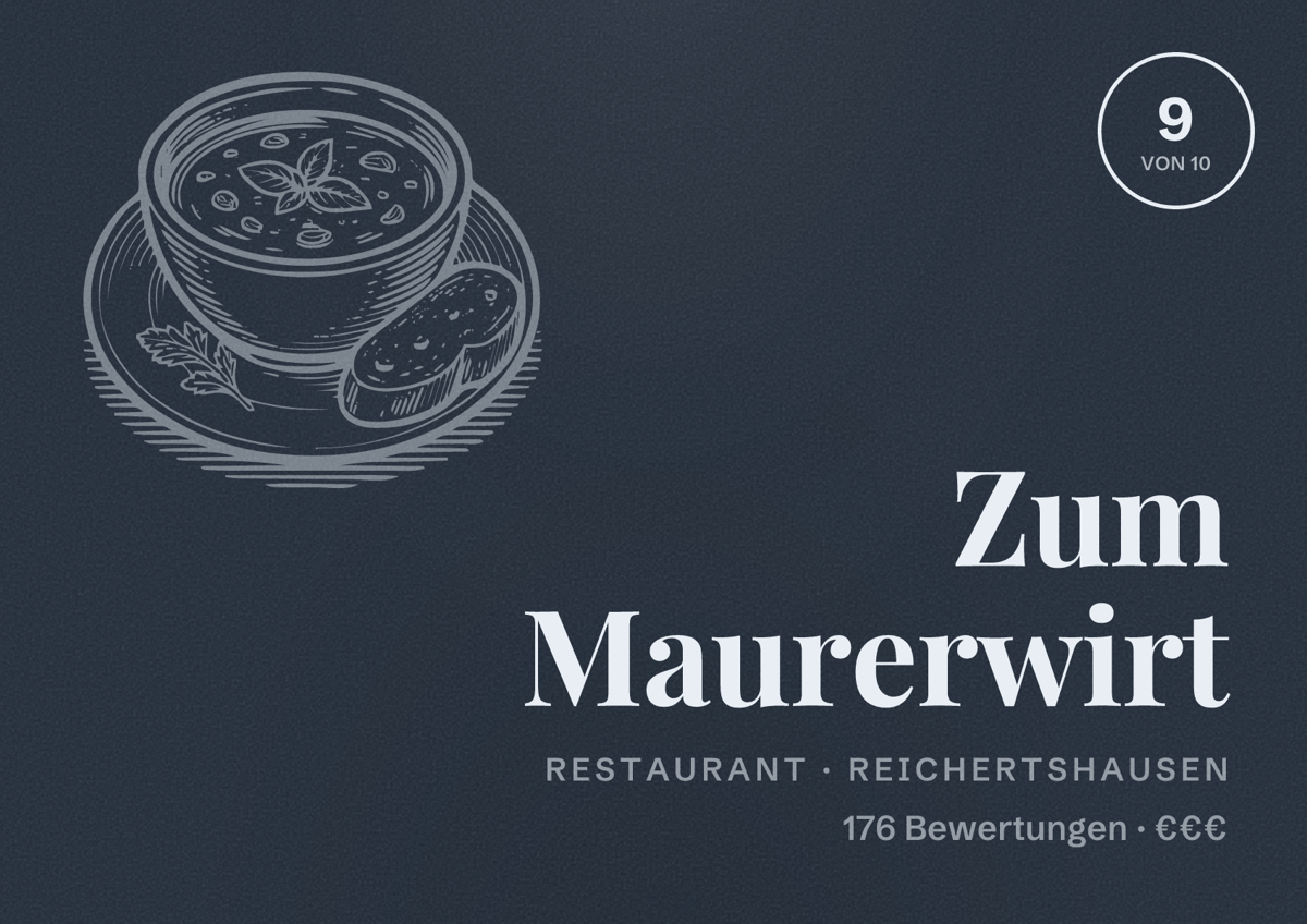 Illustriertes Poster von Zum Maurerwirt, Restaurant in Reichertshausen: Bewertung 9 von 10 aus 176 Bewertungen, Preisniveau €€€