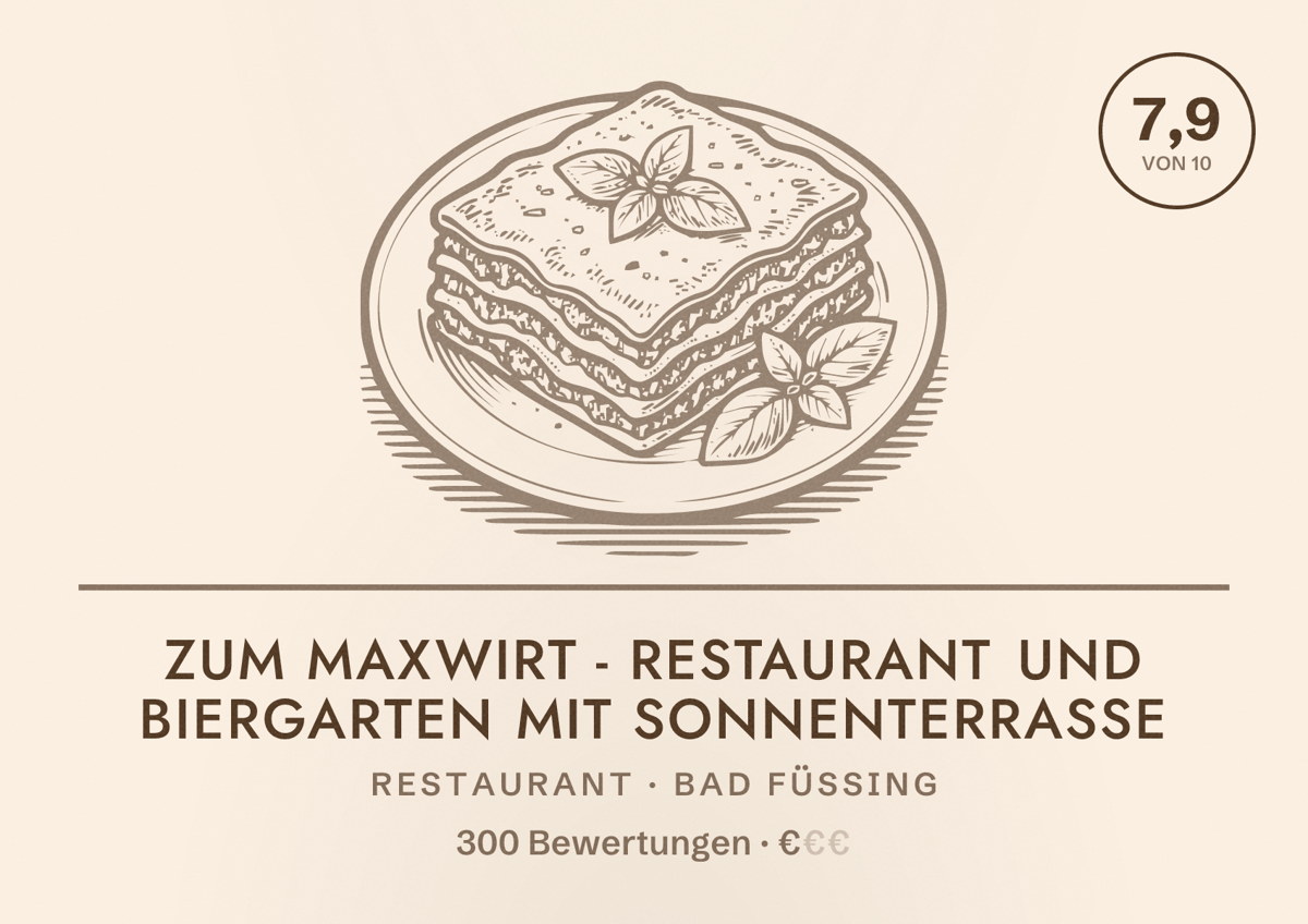 Illustriertes Poster von Zum Maxwirt - Restaurant und Biergarten mit Sonnenterrasse, Restaurant in Bad Füssing: Bewertung 7,9 von 10 aus 300 Bewertungen, Preisniveau €