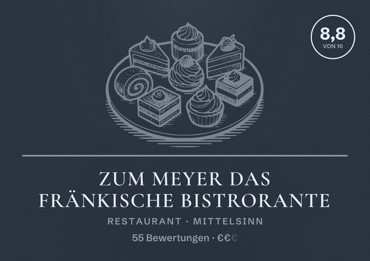 Illustriertes Poster von Zum Meyer Das Fränkische Bistrorante, Restaurant in Mittelsinn: Bewertung 8,8 von 10 aus 55 Bewertungen, Preisniveau €€