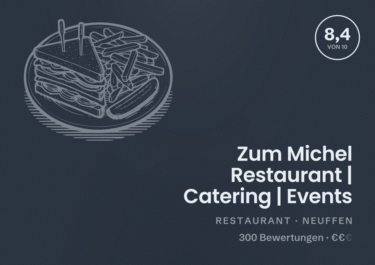 Illustriertes Poster von Zum Michel Restaurant | Catering | Events, Restaurant in Neuffen: Bewertung 8,4 von 10 aus 300 Bewertungen, Preisniveau €€