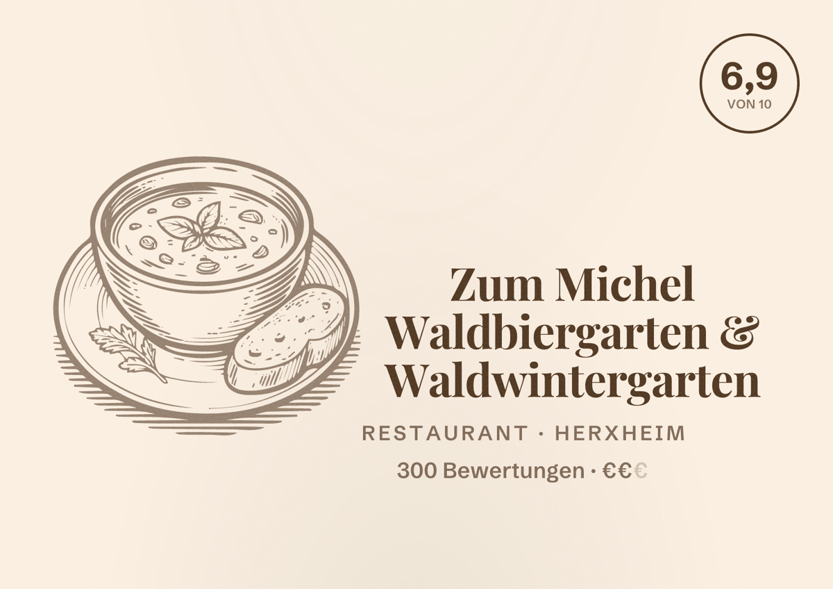 Illustriertes Poster von Zum Michel Waldbiergarten & Waldwintergarten, Restaurant in Herxheim: Bewertung 6,9 von 10 aus 300 Bewertungen, Preisniveau €€