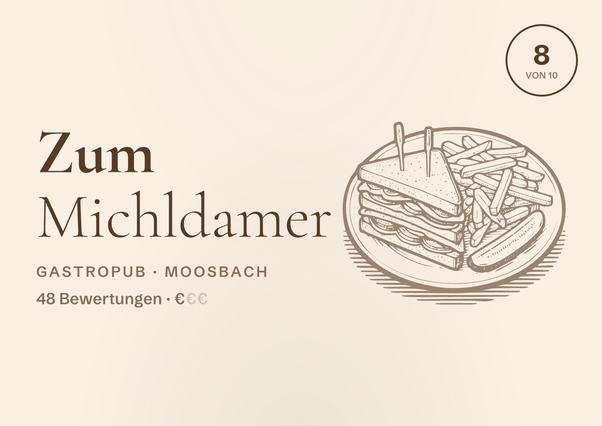 Illustriertes Poster von Zum Michldamer, Gastropub in Moosbach: Bewertung 8 von 10 aus 48 Bewertungen, Preisniveau €
