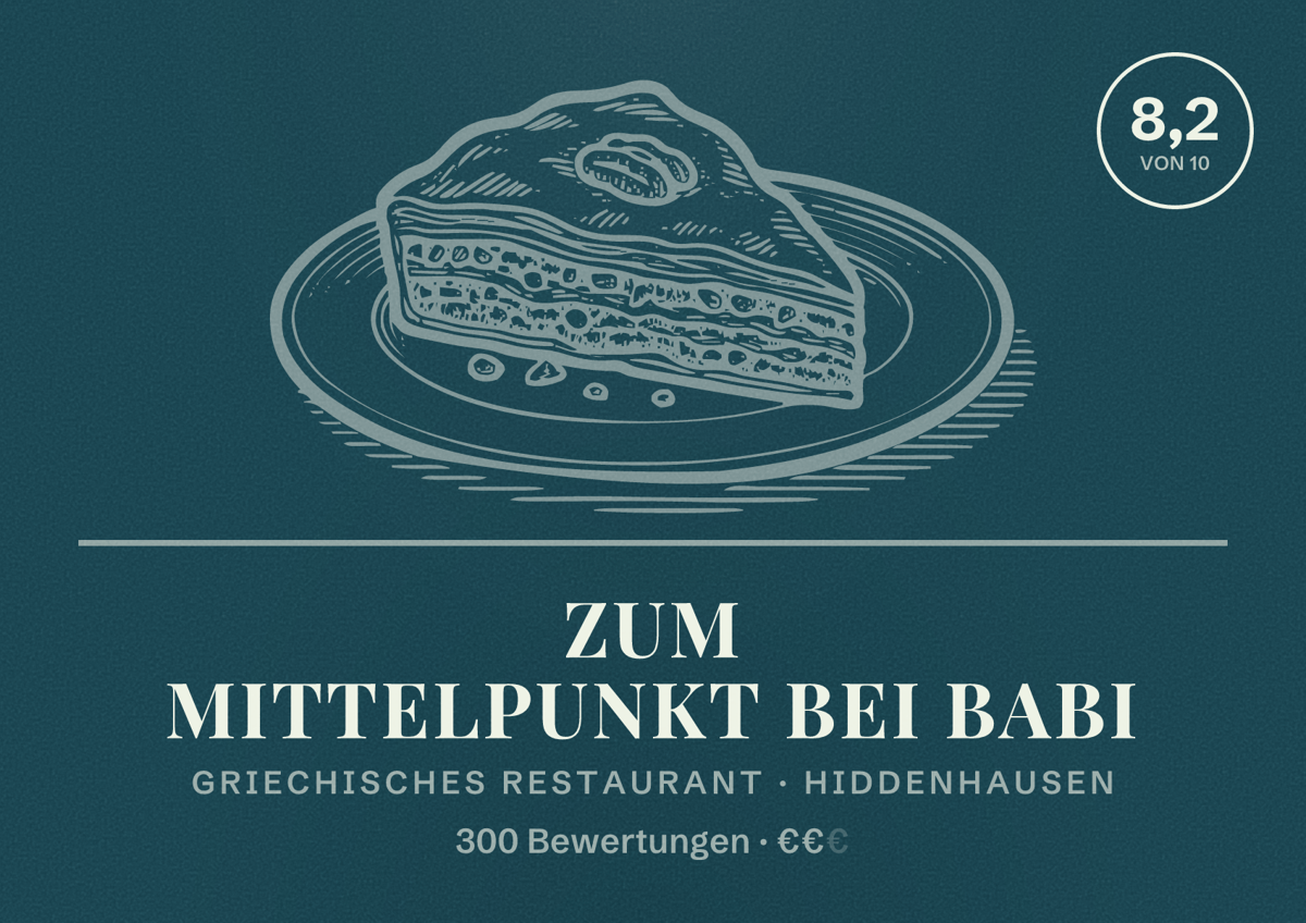 Illustriertes Poster von Zum Mittelpunkt bei Babi, Griechisches Restaurant in Hiddenhausen: Bewertung 8,2 von 10 aus 300 Bewertungen, Preisniveau €€
