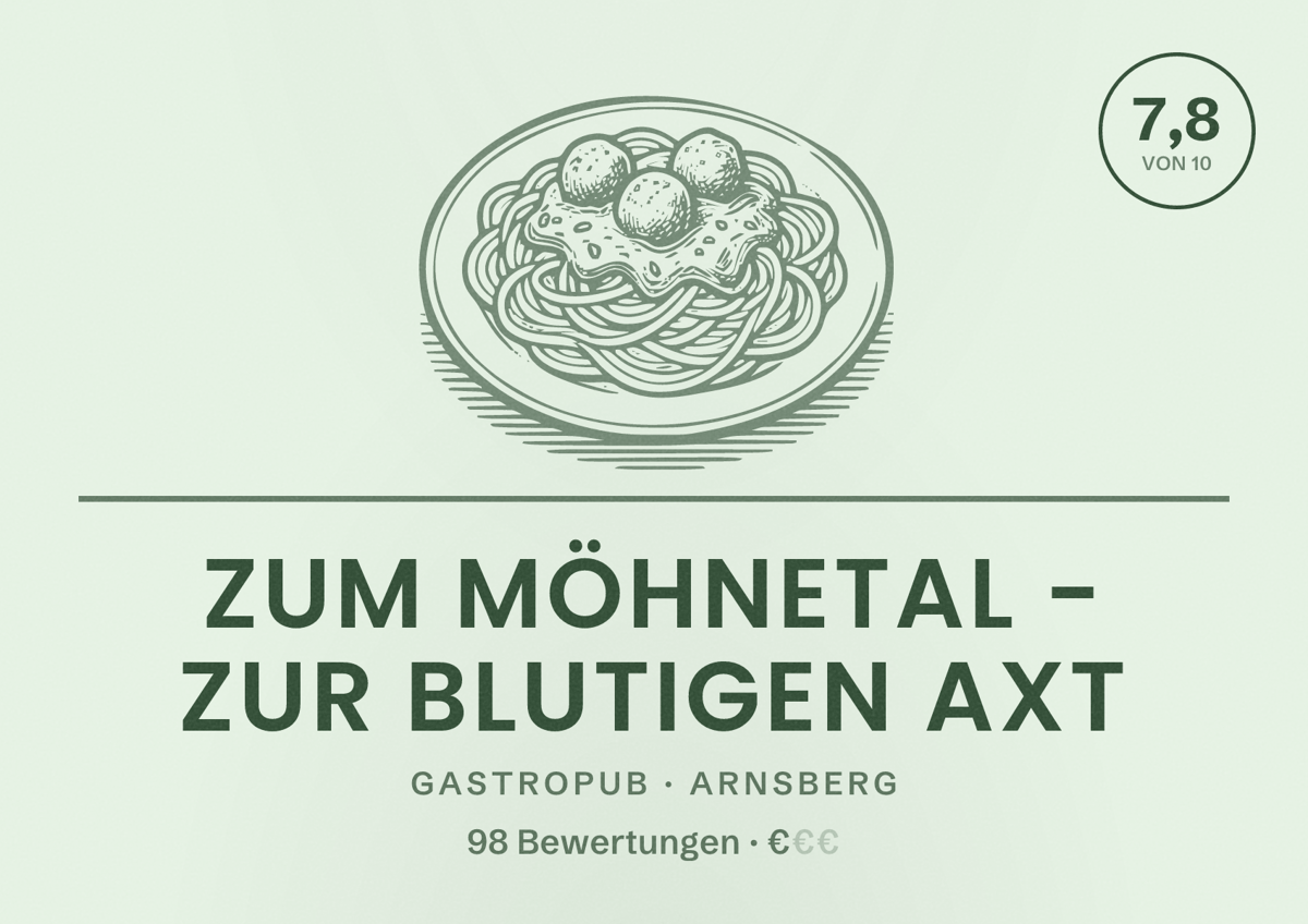 Illustriertes Poster von Zum Möhnetal - Zur blutigen Axt, Gastropub in Arnsberg: Bewertung 7,8 von 10 aus 98 Bewertungen, Preisniveau €