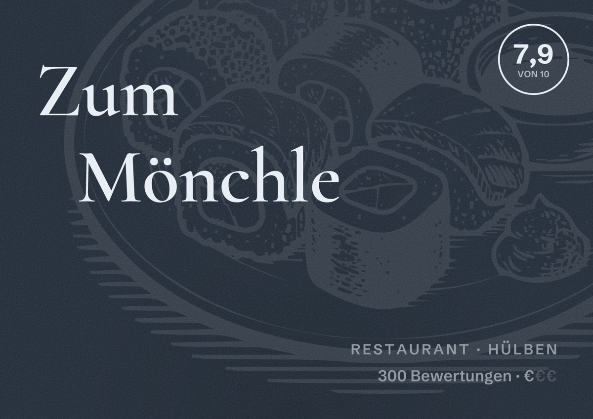 Illustriertes Poster von Zum Mönchle, Restaurant in Hülben: Bewertung 7,9 von 10 aus 300 Bewertungen, Preisniveau €