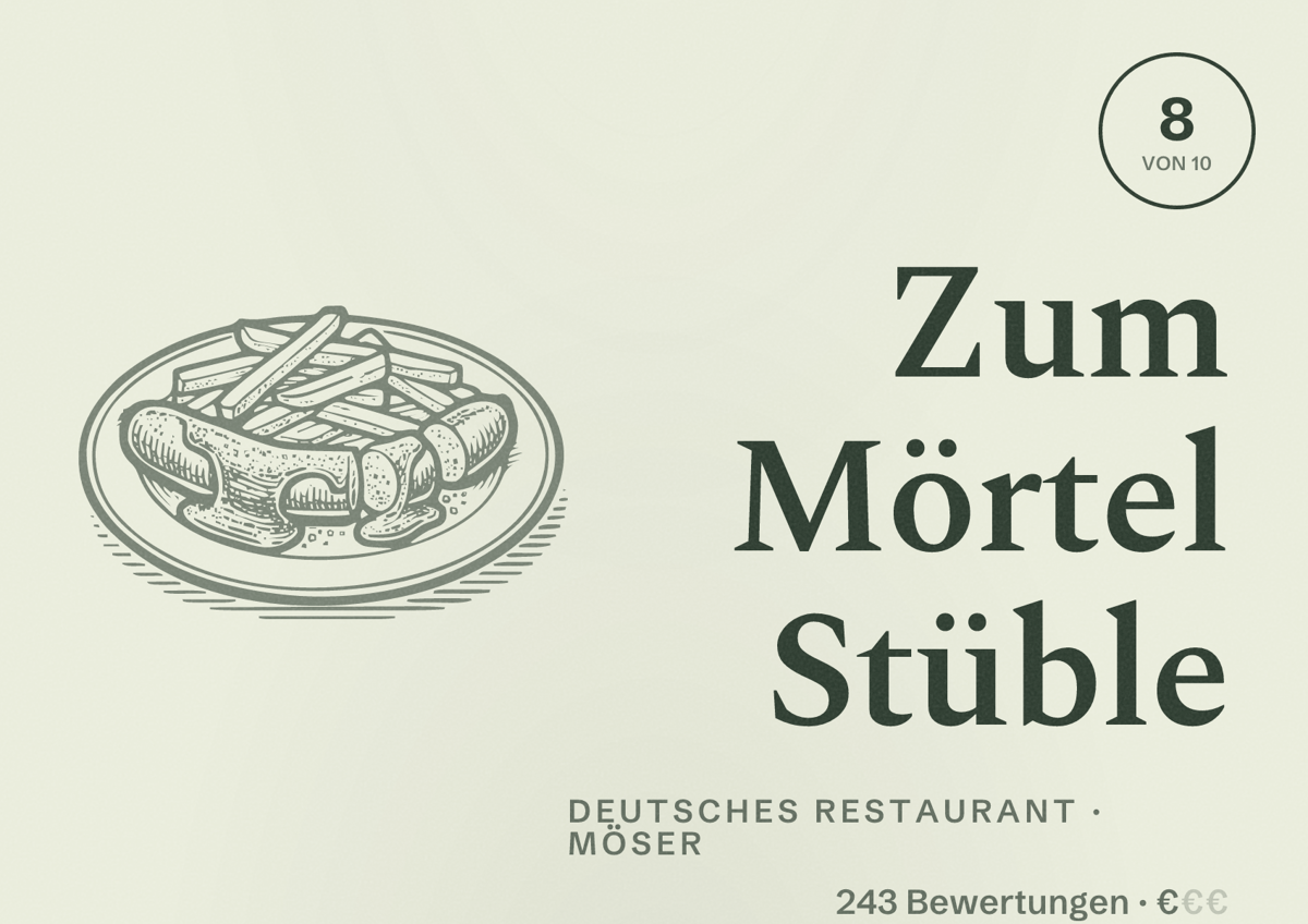 Illustriertes Poster von Zum Mörtel Stüble, Deutsches Restaurant in Möser: Bewertung 8 von 10 aus 243 Bewertungen, Preisniveau €