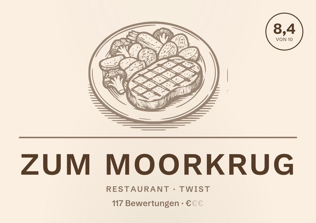 Illustriertes Poster von Zum Moorkrug, Restaurant in Twist: Bewertung 8,4 von 10 aus 117 Bewertungen, Preisniveau €