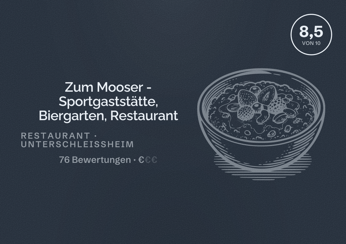 Illustriertes Poster von Zum Mooser - Sportgaststätte, Biergarten, Restaurant, Restaurant in Unterschleißheim: Bewertung 8,5 von 10 aus 76 Bewertungen, Preisniveau €