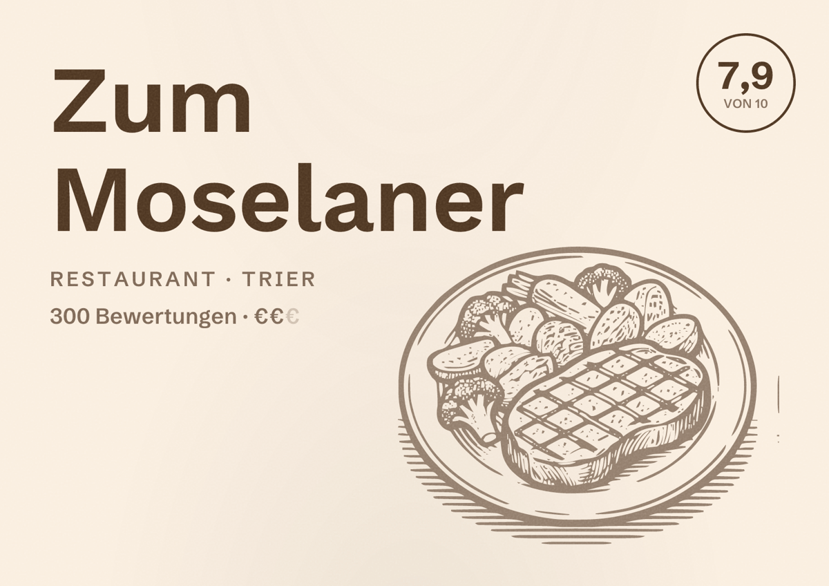 Illustriertes Poster von Zum Moselaner, Restaurant in Trier: Bewertung 7,9 von 10 aus 300 Bewertungen, Preisniveau €€