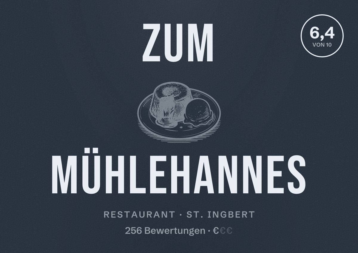 Illustriertes Poster von Zum Mühlehannes, Restaurant in St. Ingbert: Bewertung 6,4 von 10 aus 256 Bewertungen, Preisniveau €