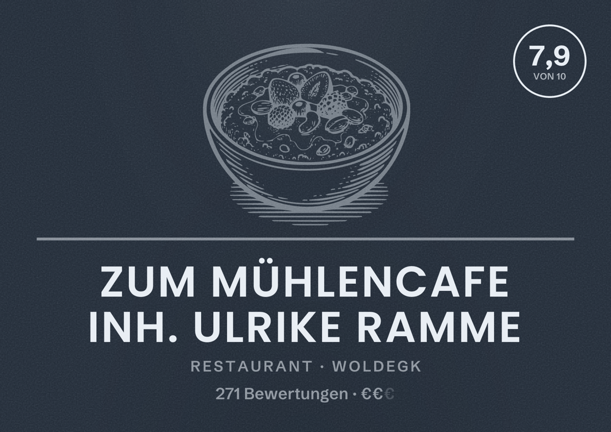 Illustriertes Poster von Zum Mühlencafe Inh. Ulrike Ramme, Restaurant in Woldegk: Bewertung 7,9 von 10 aus 271 Bewertungen, Preisniveau €€