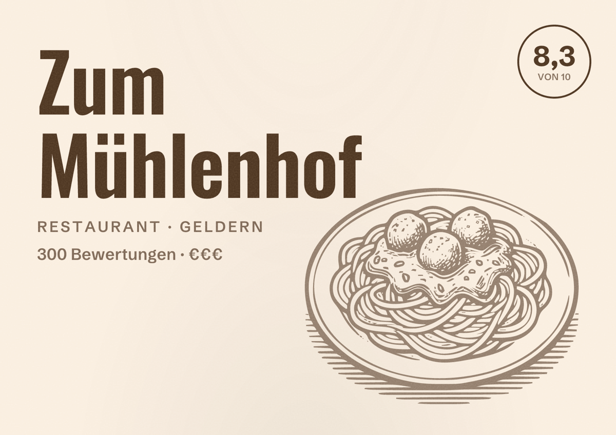 Illustriertes Poster von Zum Mühlenhof, Restaurant in Geldern: Bewertung 8,3 von 10 aus 300 Bewertungen, Preisniveau €€€