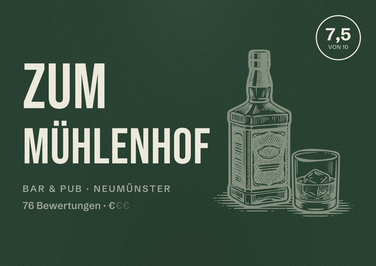 Illustriertes Poster von Zum Mühlenhof, Bar & Pub in Neumünster: Bewertung 7,5 von 10 aus 76 Bewertungen, Preisniveau €