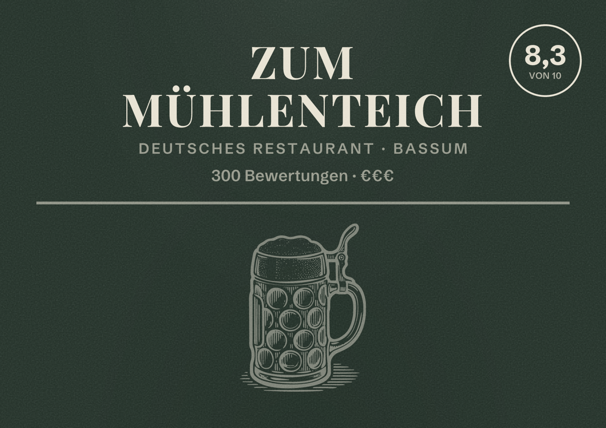 Illustriertes Poster von Zum Mühlenteich, Deutsches Restaurant in Bassum: Bewertung 8,3 von 10 aus 300 Bewertungen, Preisniveau €€€