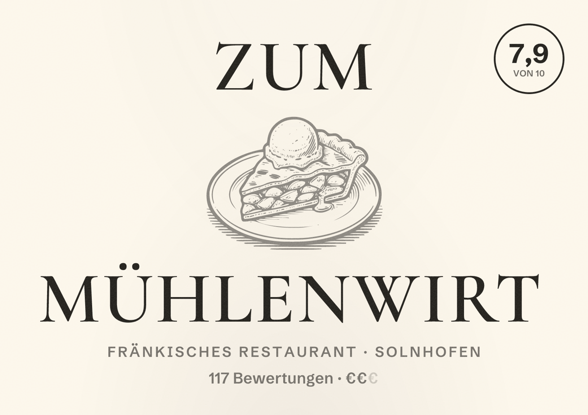 Illustriertes Poster von ZUM MÜHLENWIRT, Fränkisches Restaurant in Solnhofen: Bewertung 7,9 von 10 aus 117 Bewertungen, Preisniveau €€