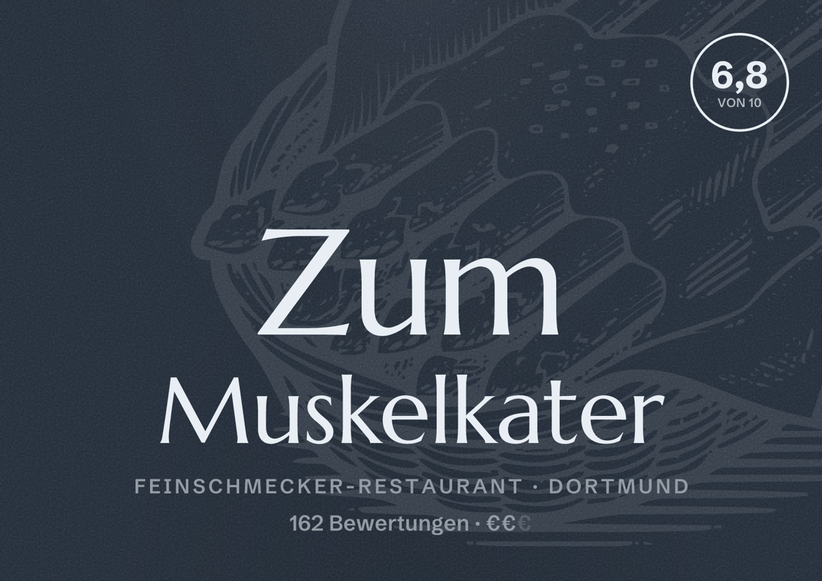 Illustriertes Poster von Zum Muskelkater, Feinschmecker-Restaurant in Dortmund: Gästebewertung 6,8 von 10 aus 162 Bewertungen